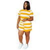 Women Stripe Printing Casual Round Neck Short Sleeve T-Shirt Loose Short Sleeve Set