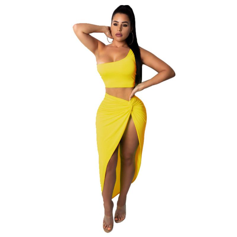 Asymmetric One-Shoulder Cropped Top Sexy Side-Slit Skirt Women Solid Color Two-Piece Set