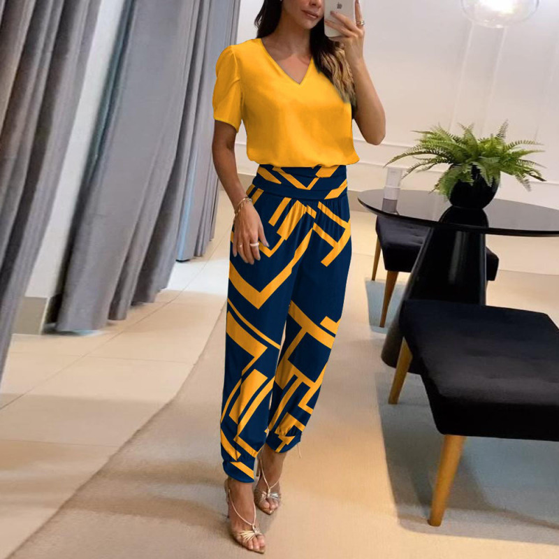 Women'S Fashion Casual V-Neck Printed Short-Sleeved Trousers Two-Piece Set