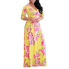 Ramadan /Eid Women Casual V-Neck Long-Sleeve Lace-Up Flower Print Maxi Swing Dress