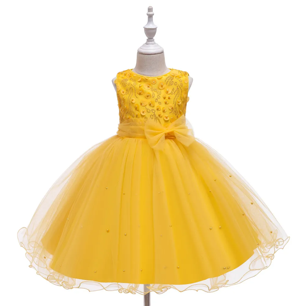 Kids Toddler Big Girls Fashion Party Cute Sweet Solid Color Sequins Bow Pearl Pleated Sleeveless Mesh Party Tutu Dress