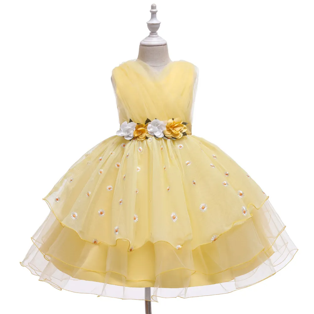 Kids Toddler Big Girls Fashion Party Cute Sweet Floral Solid Color Pleated Sleeveless Mesh Party Tutu Dress