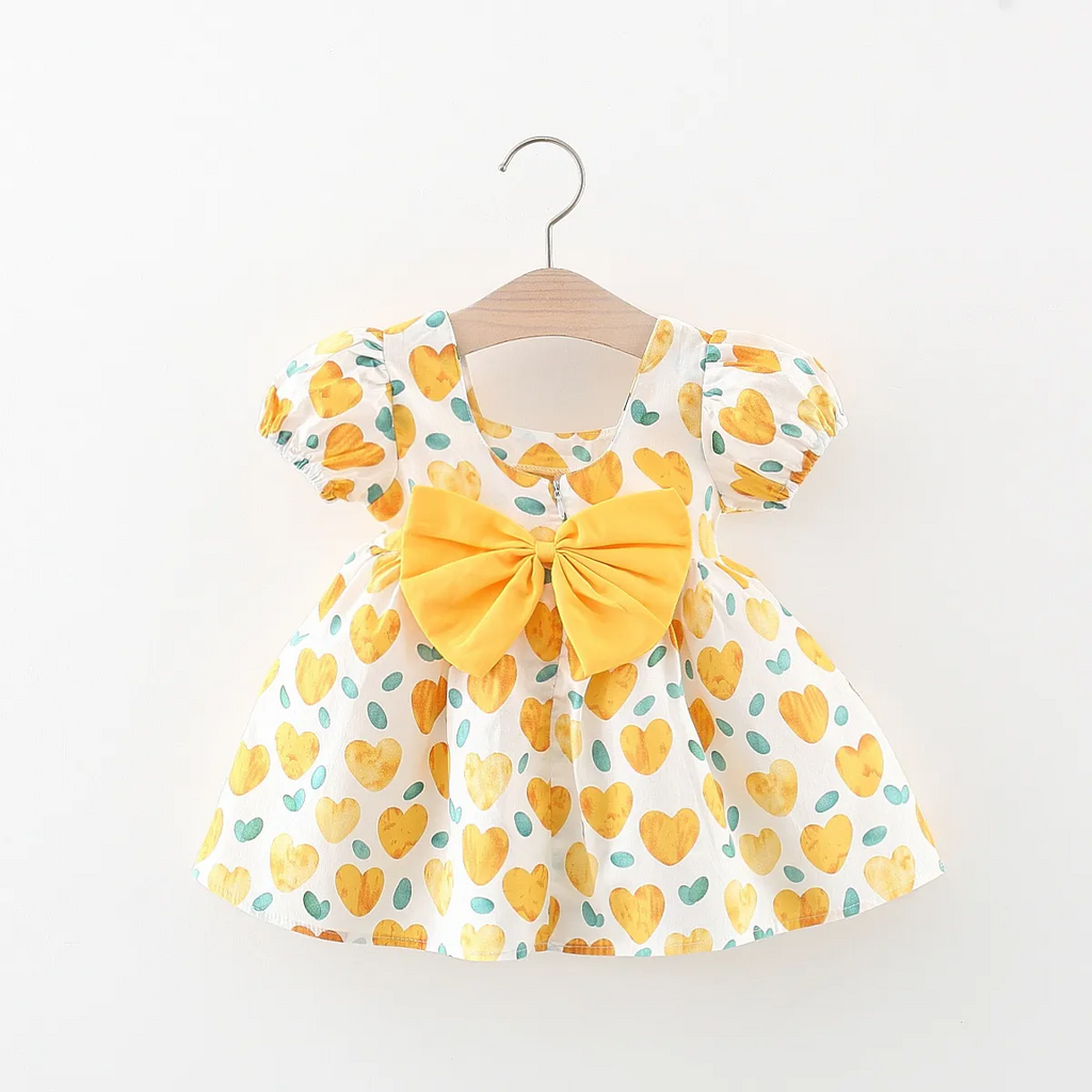 Toddlers Newborn Baby Fashion Girls Short Sleeve Heart Print Bowknot Cute Dress