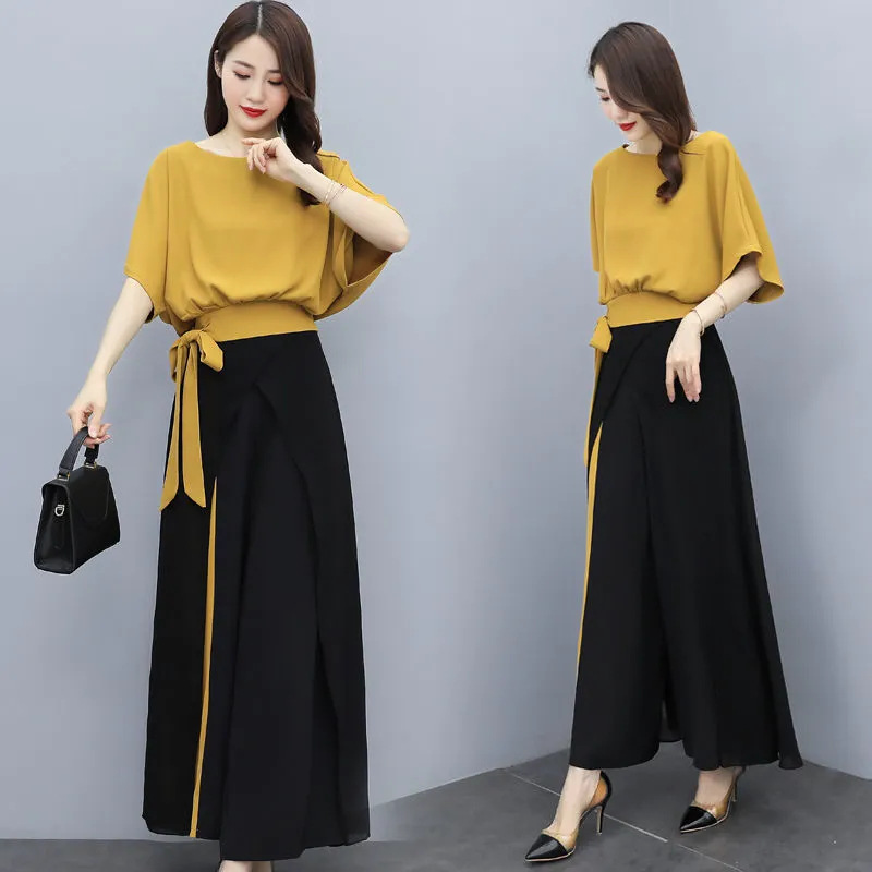 Women Elegant Bow Knot Half Sleeve Solid Color Chiffon Blouse And Wide Leg Pants Office Chic Set