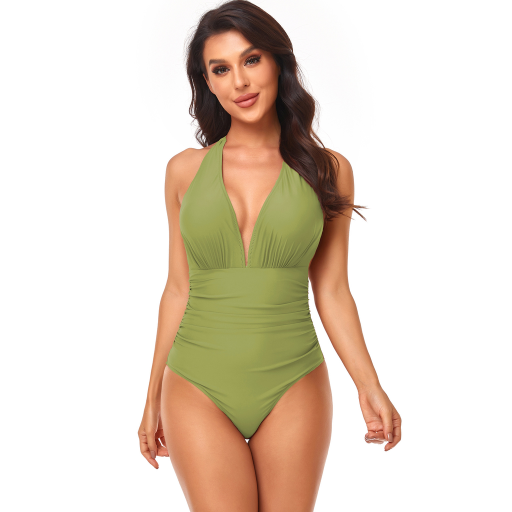 Women Simple Solid Color Shirring Halter Neck One-Piece Swimwear