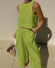 Women Summer Vacation Casual Loose Solid Color Sleeveless Top Wide Leg Pants Two Piece Set