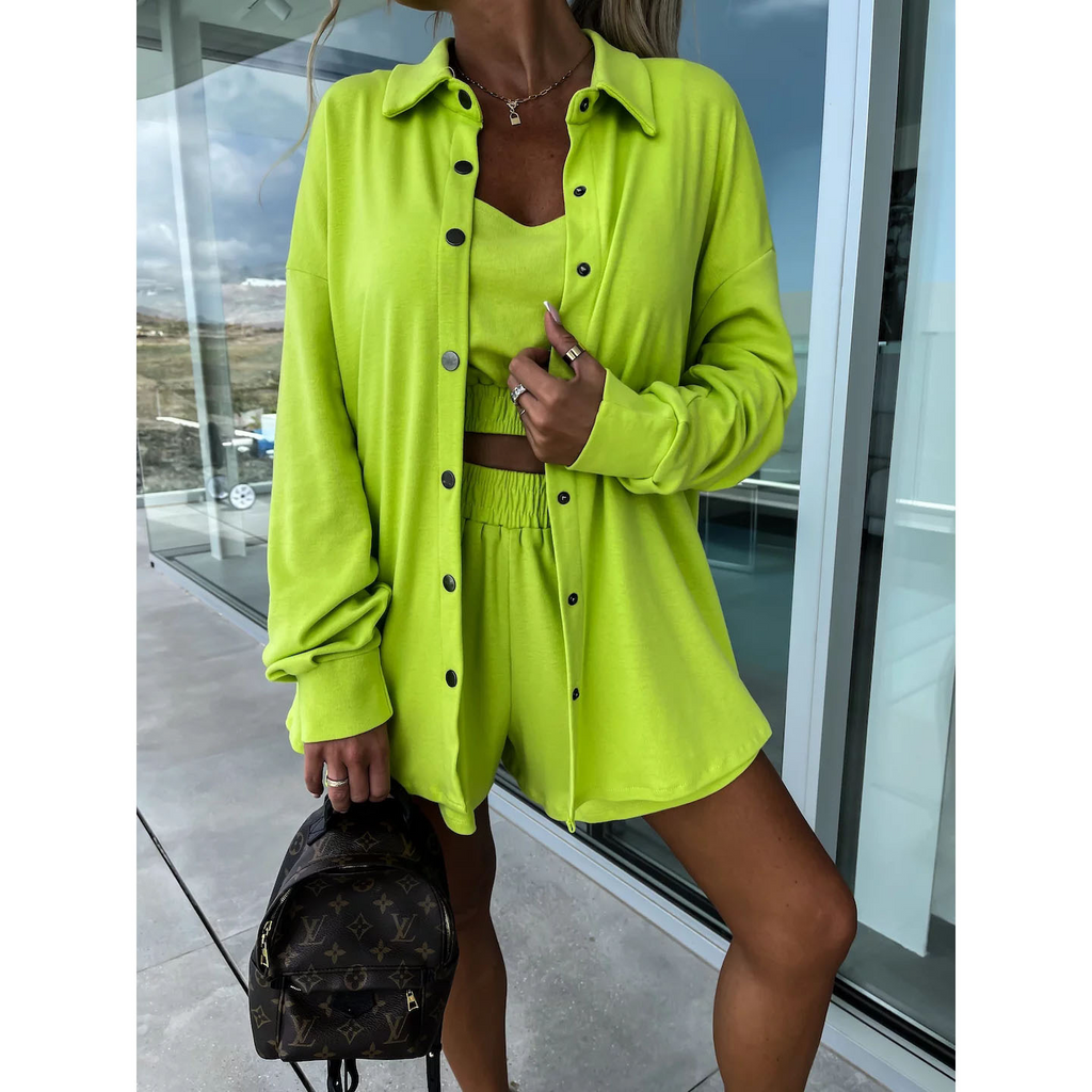 Women Fashion Street Casual Solid Color Long Sleeve Shirt And Loose Blouse Three Pieces Set