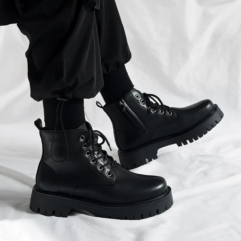 (Buy 1 Get 1) Men Fashion Casual Versatile Round-Toe Low Heel Thick-Soled Lace-Up Combat Boots