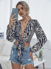 2 Pieces Fashion Women Zebra Stripe Print Knotted Shirt V Neck Office Blouse