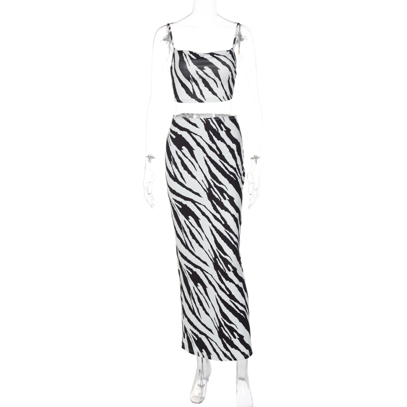 Women'S Fashion Zebra Printed Sling Top + Skirt Two-Piece Set