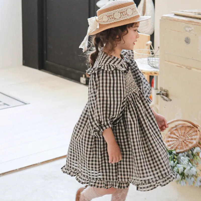 Kids Toddler Big Girls Casual Pastoral Cute Tiny Flower Plaid Long Sleeve Round Neck Tutu Princess Dress