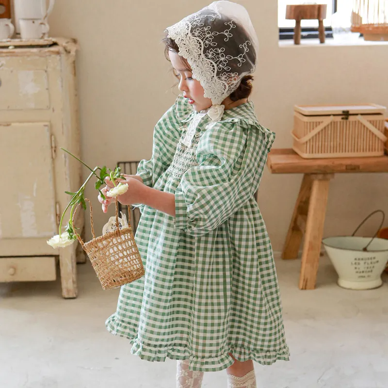 Kids Toddler Big Girls Casual Pastoral Cute Tiny Flower Plaid Long Sleeve Round Neck Tutu Princess Dress