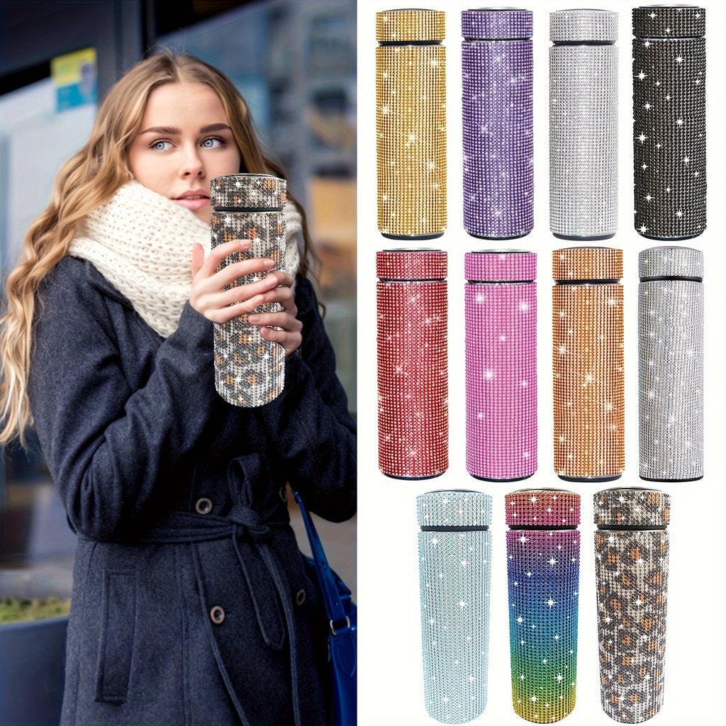 1pc, Sparkling Studded Vacuum Flask, 17oz/500ml Stainless Steel Insulated Water Bottles, Travel Thermal Cups, For Hot And Cold Beverages, Summer Winter Drinkware, Gifts, FS