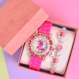 Girls Watch 2pcs/set, 1pc Best Selling Cartoon Unicorn  With Silicone Soft Strap & 1pc Gradient Color Beaded Bracelet With Box, Ideal choice for Gifts FS