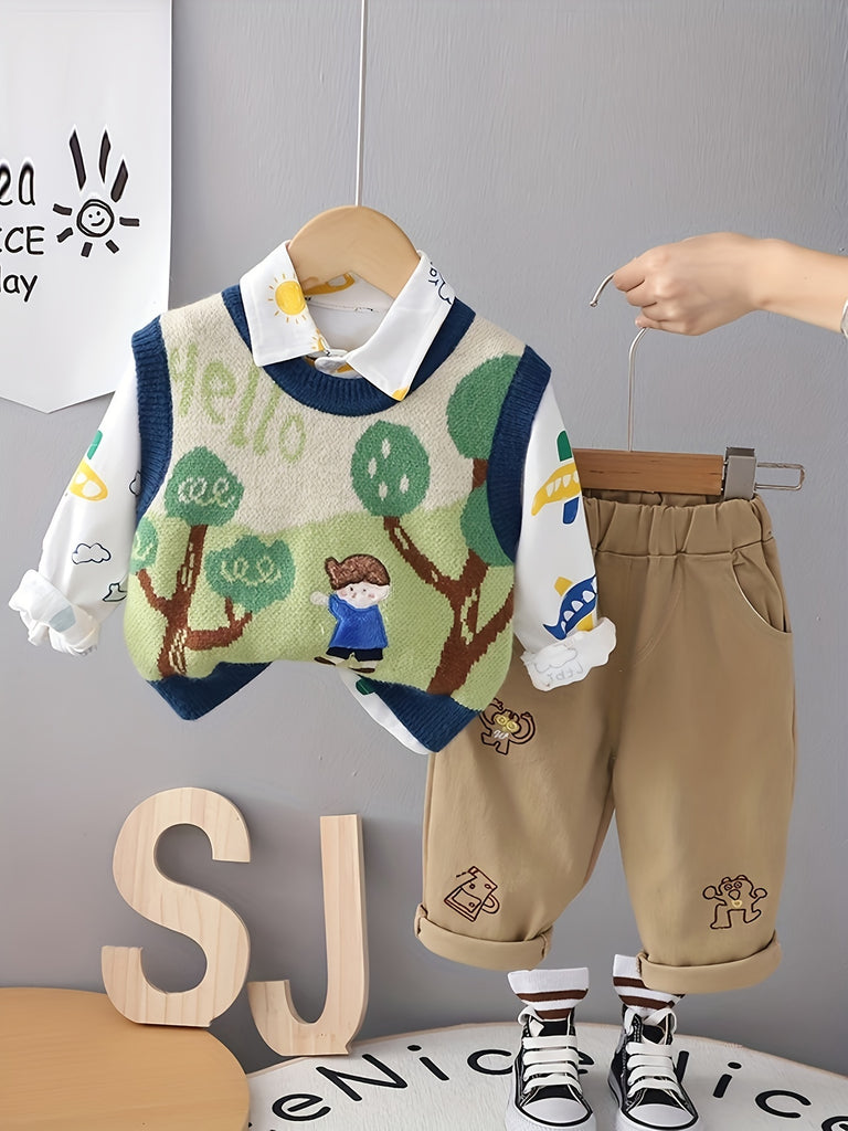 3pcs Baby's Knitted Vest & Long Sleeve Shirt & Casual Pants, Infant Boy's Set, FS