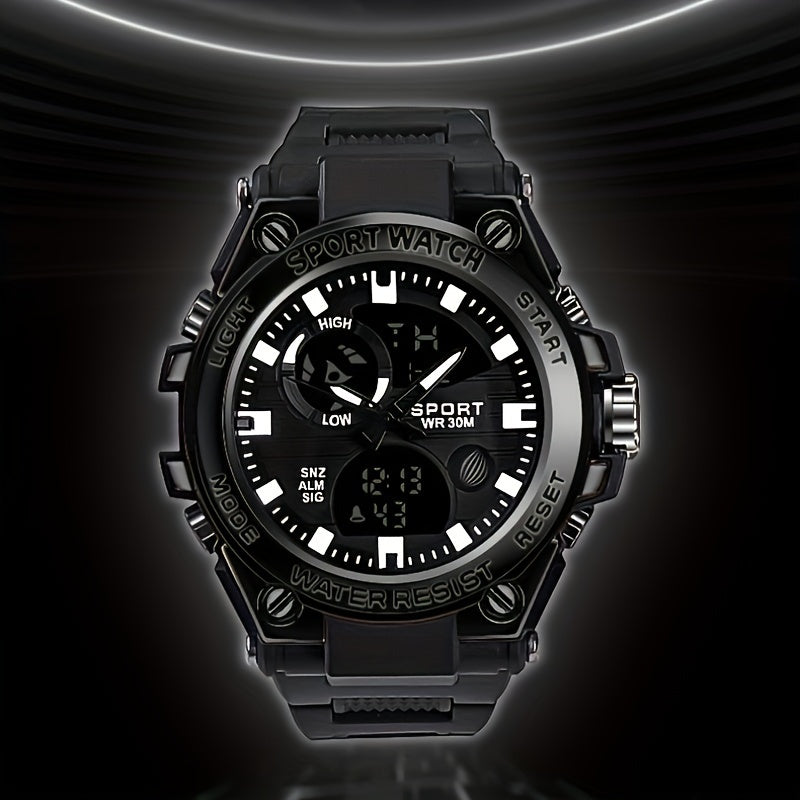 Simple Large Dial Waterproof Calendar Luminous Multi-function Dual Display Watch, Men's Business Sports Outdoor School Supplies Gift FS