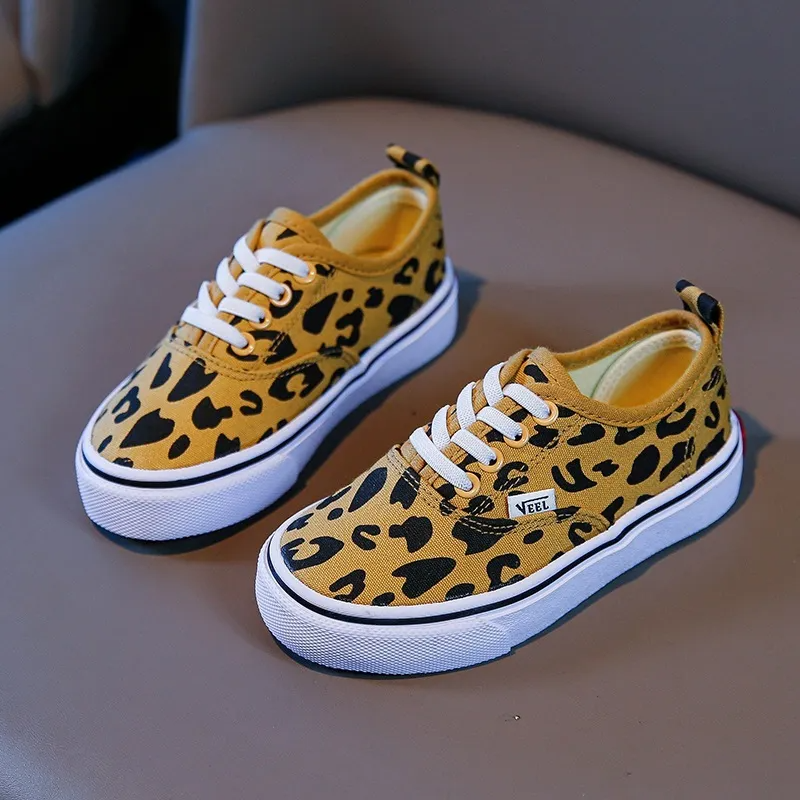 Kids Boys Girls Fashion Casual Playd Leopard Lace-Up Canvas Flat Sneakers Shoes