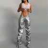 Women Fashion Solid Color Creased PU Leather Trousers