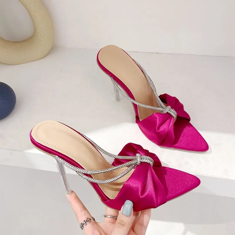 Women Sexy Fashion Pointed Toe Rhinestone Satin Bow Transparent Heel Slippers