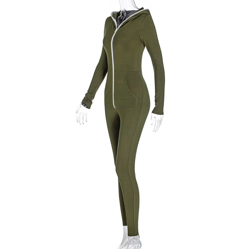 Women Pure Color Zipper Hooded Sports Fitness Jumpsuits