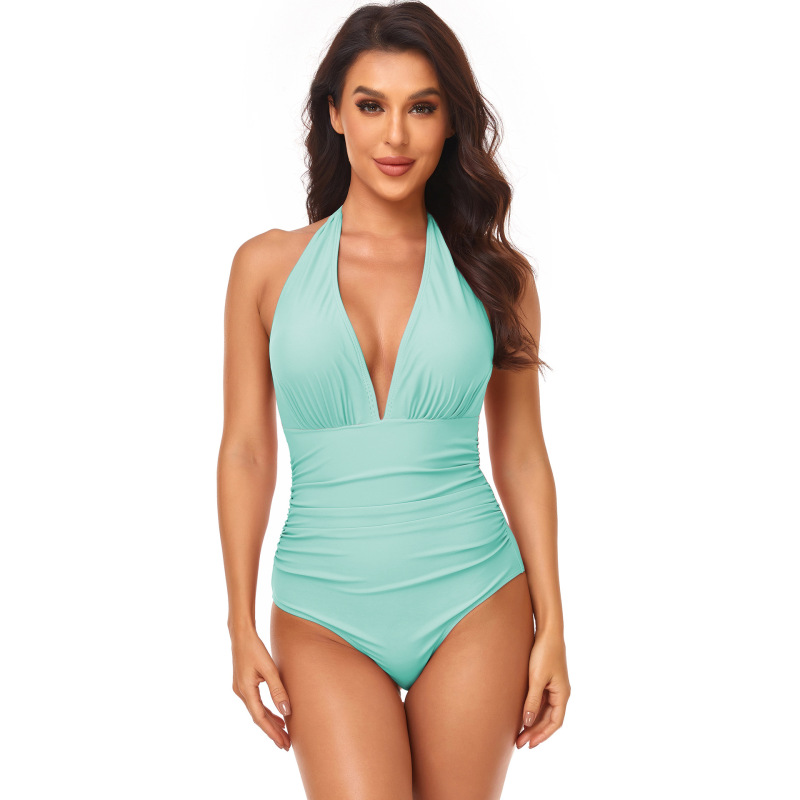 Women Simple Solid Color Shirring Halter Neck One-Piece Swimwear