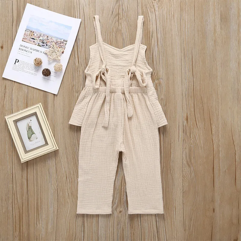 Girls Solid Color Stringy Selvedge Design Romper