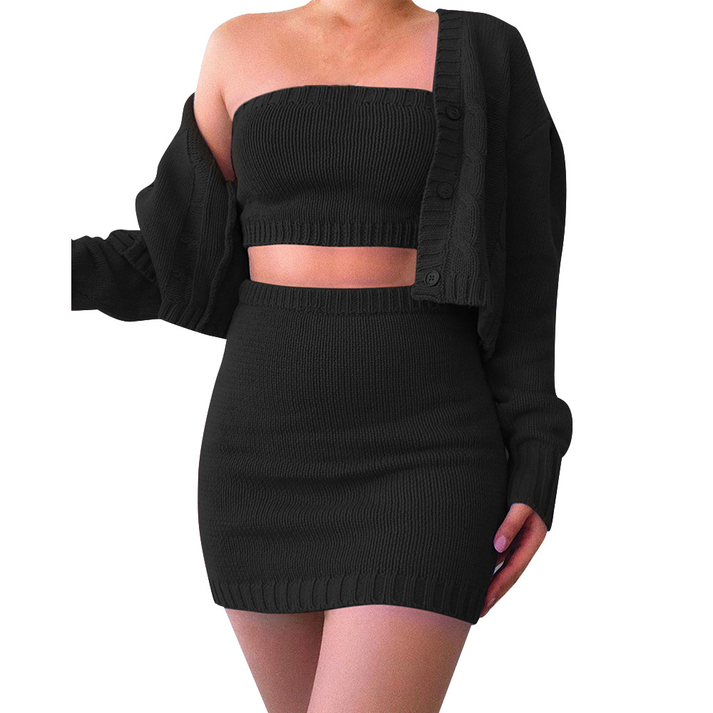 Solid Color Tube Top And Single-Breasted Cardigan And Bodycon Skirt Knit Three Pieces Sets