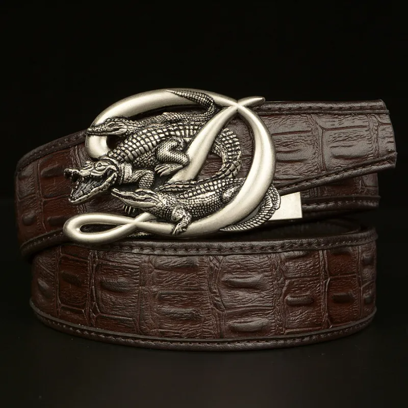 Men Fashion Casual Business Solid Color Leather Metal Buckle Crocodile Belt