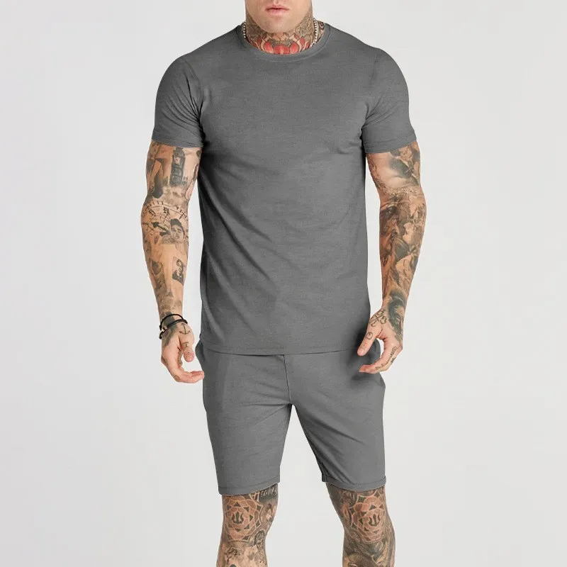 Men Summer Fashion Casual Commuter Solid Color Short Sleeve T-Shirt Shorts Sets