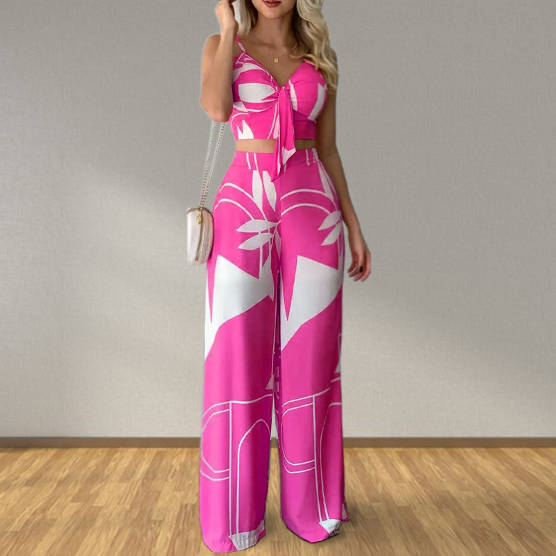 Fashion Women Sexy Summer Vacation Leaf Print Camis High Waist Wide Leg Pants Casual Set