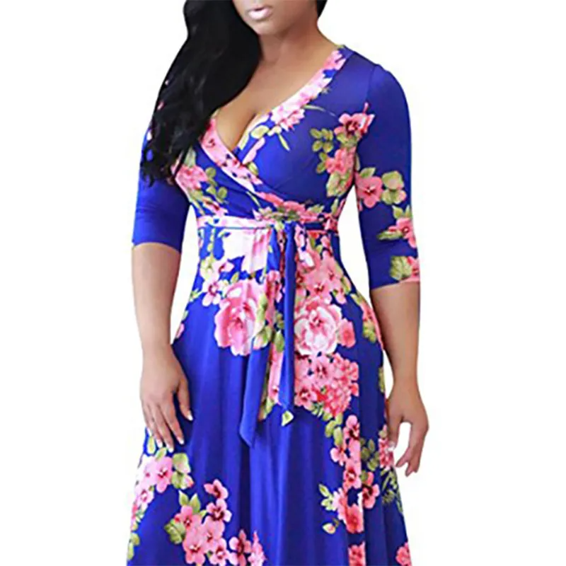 Ramadan /Eid Women Casual V-Neck Long-Sleeve Lace-Up Flower Print Maxi Swing Dress