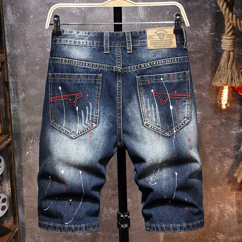 Men Summer Fashion Casual Color Matching Raw Hem Ripped Denim