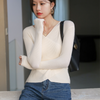 Women V-Neck Fashion Long-Sleeved Irregular Side Button Surplice Knitwear