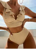 Women'S Sexy Solid Color Pleated Lace Double Strap Button Up Swimsuit Two-Piece Set