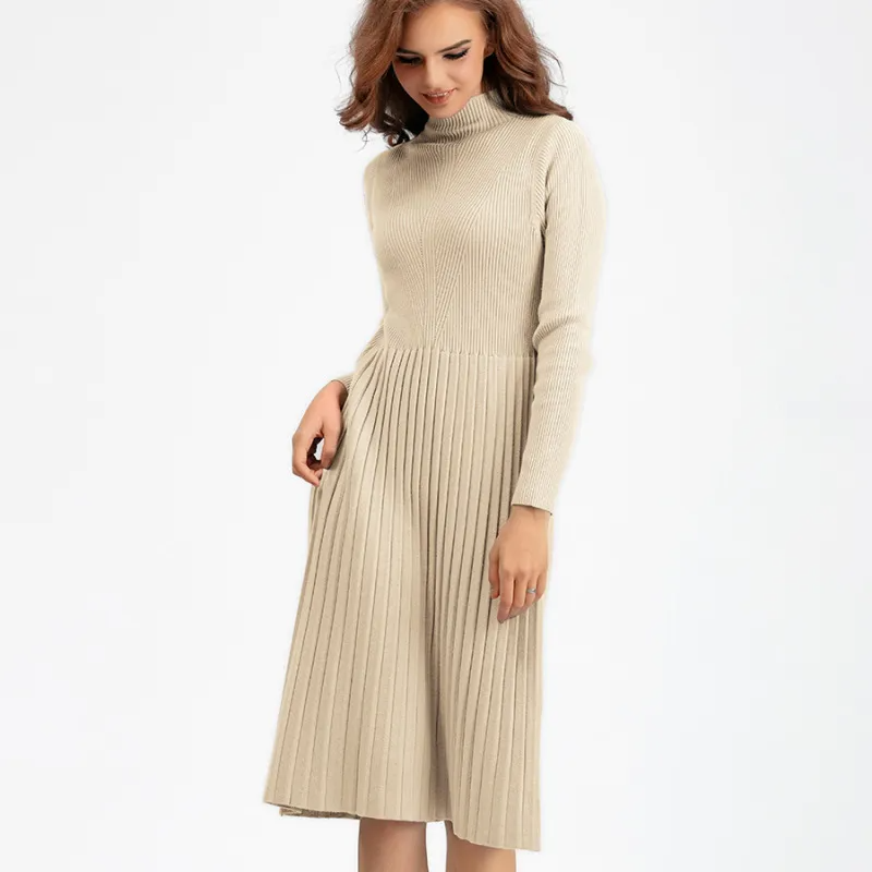 (Buy 1 Get 1) Women Elegant Autumn And Winter Solid Color High Collar Long Sleeve Knitted Pleated Dress