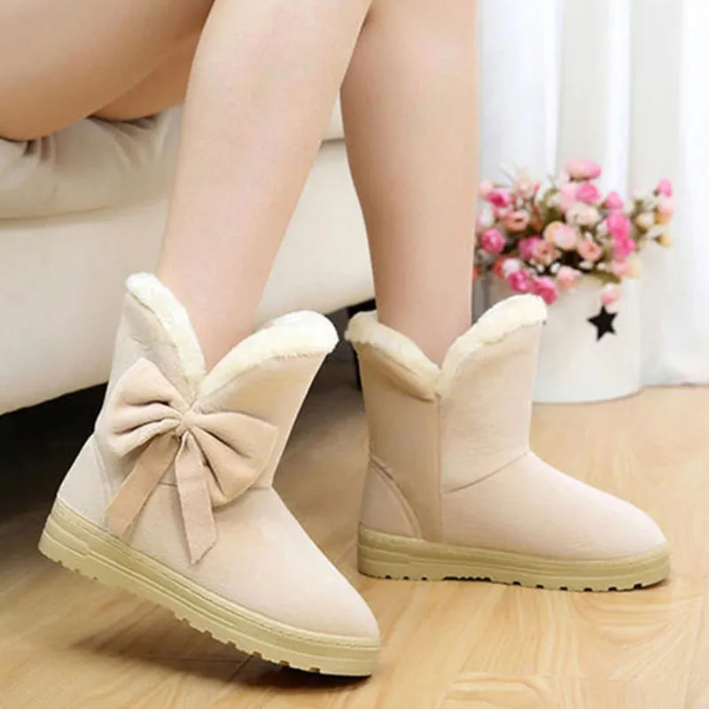 Women Winter Bow Decor Fleece Lined Plush Snow Short Boots