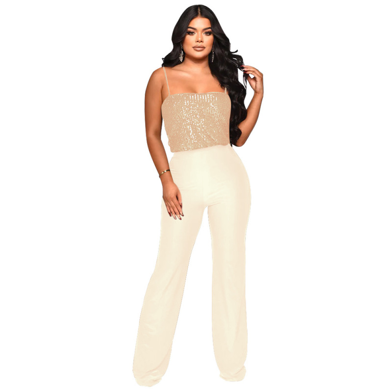 Fashion Solid Color Sequined Sleeveless Women Sequin Suspenders Jumpsuit