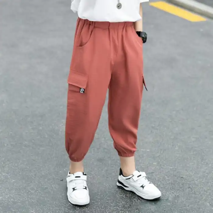 Kids Pure Color Big Pocket Style Cargo Pants