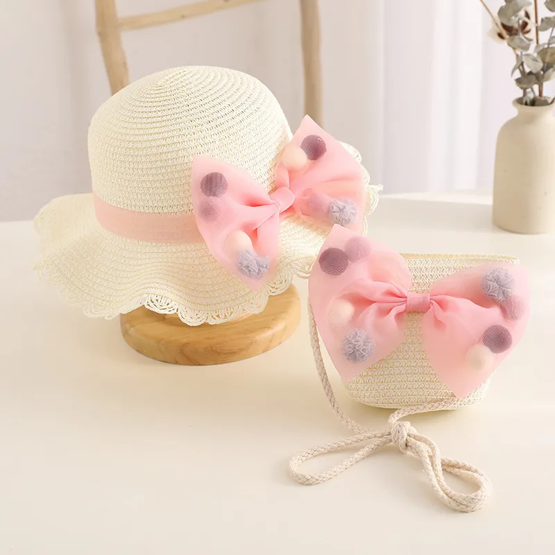 Fashion Bow Design Kids Girls Straw Woven Hat And Bag Set