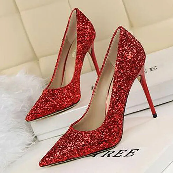 Women Sexy Shining Sequins Decor Pointed-Toe Stiletto Shoes Pumps