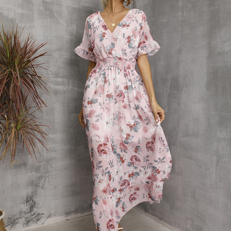 Women Fashion Casual Floral Printing V-Neck Short Sleeve Slit Dress