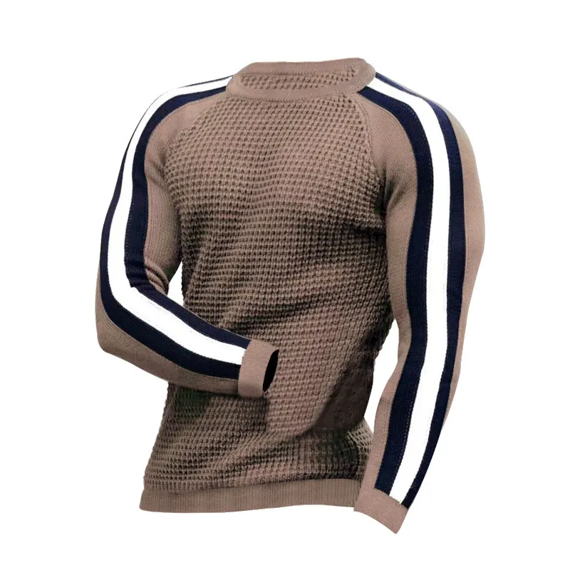 Men Autumn Winter Fashion Casual Simple Color Matching Round Neck Long Sleeve Knitted Shirt