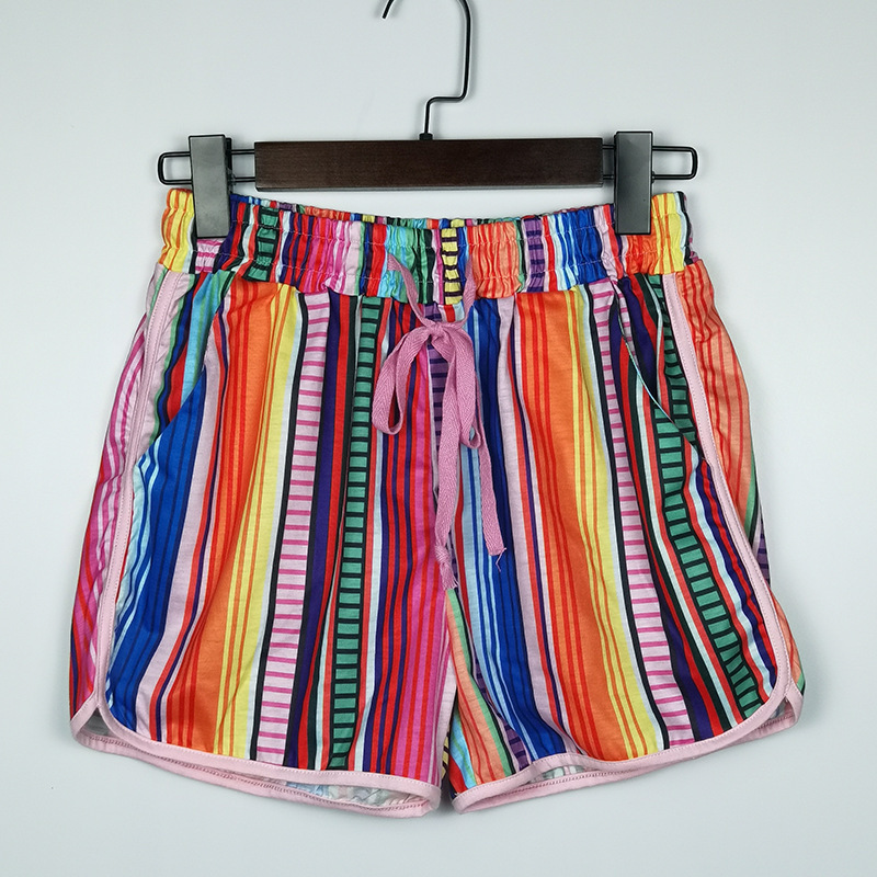 Women Casual Drawstring Contrast Rainbow Color Shorts