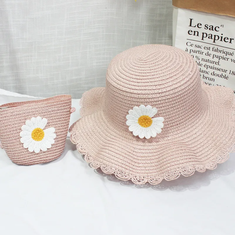 Kids Fashion Small Daisy Straw Bucket Hat + Messenger Bag Set