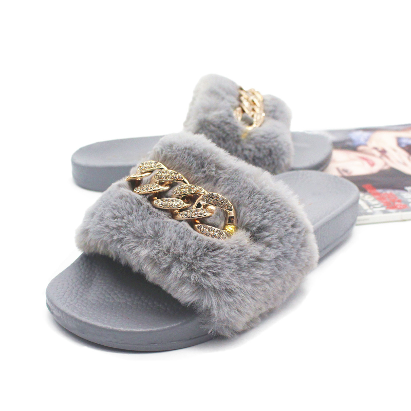 Women Leisure Plush Metal Chain Design Flats Slippers Shoes