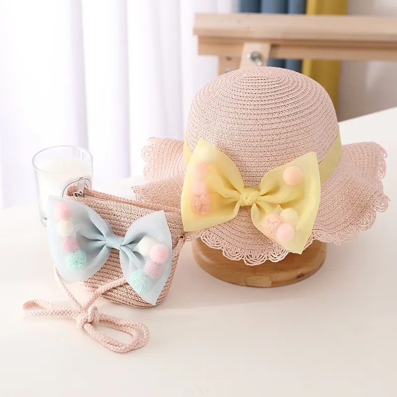 Fashion Bow Design Kids Girls Straw Woven Hat And Bag Set