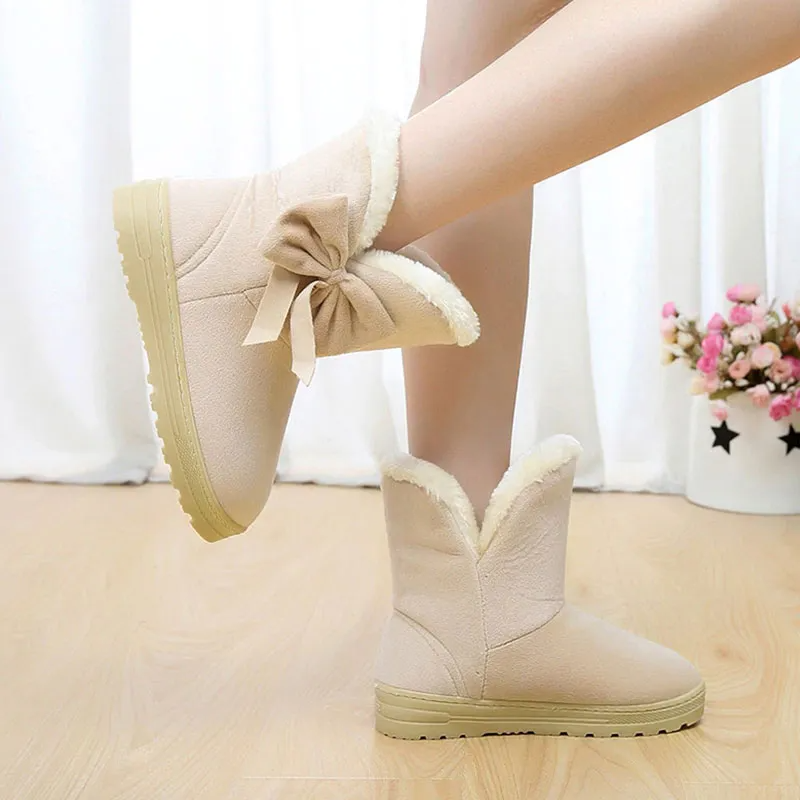 Women Winter Bow Decor Fleece Lined Plush Snow Short Boots