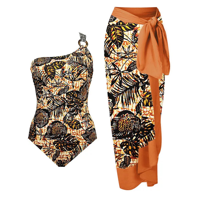 Retro Printed Women Swimwear Cover Skirt Two Pieces Bikini Set