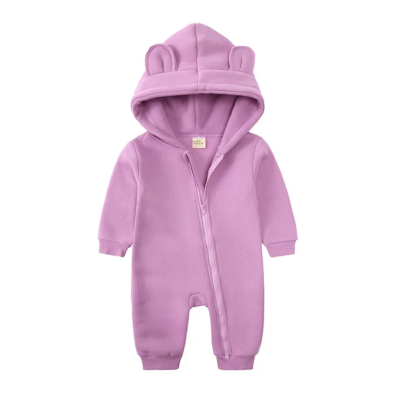 Kids Baby Boys Girls Autumn Winter Casual Cute Solid Color Bear Long Sleeve Hooded Jumpsuit