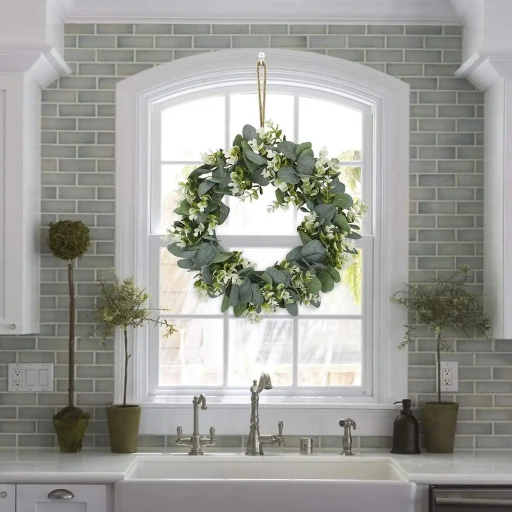 Round Green Leaf White Simulation Flower Decoration Wreath